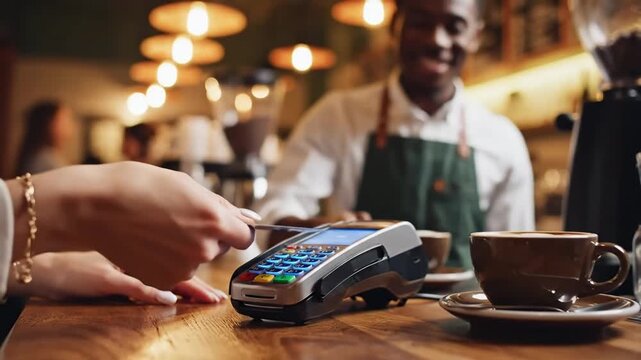 Paying with contactless credit card at a cozy cafe customer completes transaction on point-of-sale terminal while enjoying coffee and warm ambiance