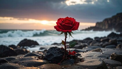 Vibrant red rose blooms proudly on a rocky beach at sunset