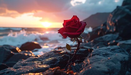 A vibrant red rose on a rocky coast at sunset, waves crashing
