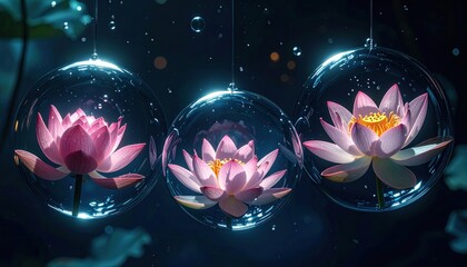 Three luminous lotus blossoms encased in glass orbs, hanging amidst foliage