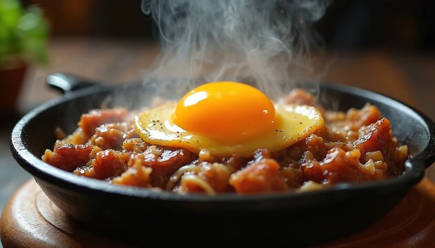 Hot sizzling sisig served in cast iron pan with runny egg yolk. Savory pork dish steams, perfect for comfort food lovers seeking hearty meal.
