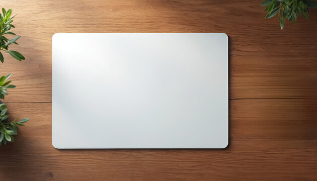 Top view white blank mousepad on rustic wood desk. Empty mat with green plants, good for branding or gaming setup. Minimalist clean workplace.