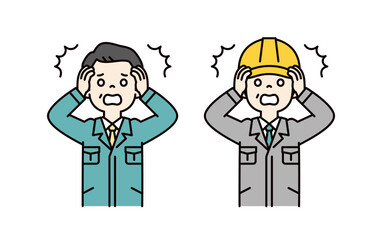 頭を抱えて驚く、社長・経営者とヘルメットをかぶった現場監督のベクターイラスト素材セット