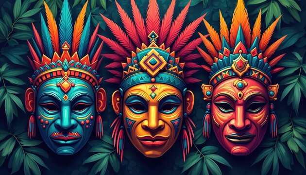 Three vibrant South American tribal masks with feather headdresses and intricate face paint. Masks are blue gold and red with detailed patterns against a lush green jungle foliage background.