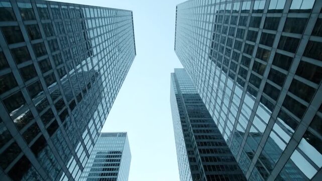 Skyscraper towers with upward view.