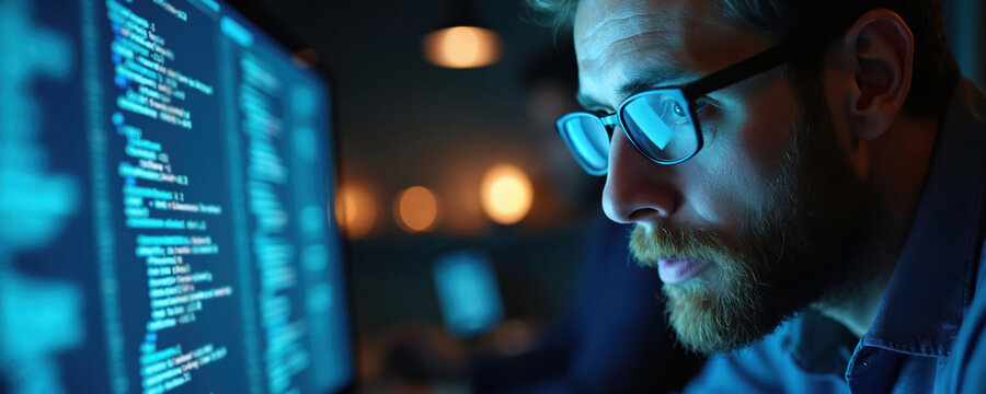Man with glasses focused on computer code on a dark screen. Blue light reflects on his face. He works late on a tech project. Programmer coding software at night.