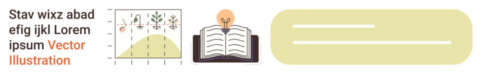 Obraz premium Education, learning, data analysis, knowledge sharing, creative ideas, research. Graph showing data analysis, open book with a glowing bulb idea and abstract shapes. Education and data analysis