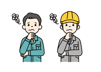 腕を組んで考える、社長・工場長とヘルメットをかぶった現場監督のベクターイラスト素材セット