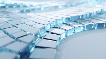 Obraz premium 3d light blue background with row of glass white background square plates. Abstract curve wave line pattern. Crystal array of geometric block shapes render. Futuristic design digital tech