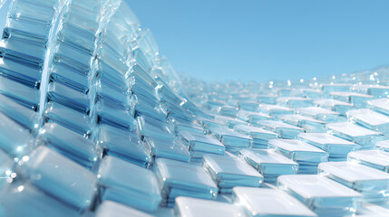 Obraz premium 3d light blue background with row of glass white background square plates. Abstract curve wave line pattern. Crystal array of geometric block shapes render. Futuristic design digital tech