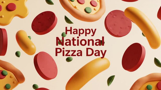 Happy National Pizza Day Fun Floating Ingredients 3D Render Background