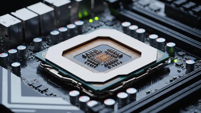 A high-tech macro shot showcasing the intricate architecture and circuitry of a powerful computer processor chip installed on a motherboard
