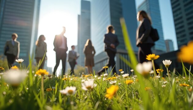 Office workers walk in a sunny city park with green grass and blooming flowers. People in suits stroll among modern buildings under bright blue sky. Business people enjoy spring nature outdoors.