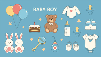 Baby boy themed illustration collection with balloons, a teddy bear, rabbits, a cake, and various blue baby accessories.