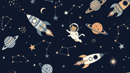Whimsical space pattern featuring rockets, planets, stars, and a cute cat astronaut floating in the dark blue galaxy.