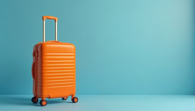 Orange luggage sits on bright blue background ready for travel. Packed suitcase with wheels waits for journey. Modern travel case, vacation concept.