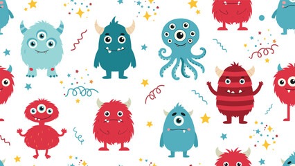 Obraz premium Seamless pattern of cute colorful monsters with different shapes and features like horns and multiple eyes on white background with stars.