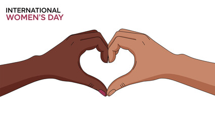 Fototapeta premium International women's day banner featuring two diverse hands coming together to form a heart symbol as a gesture of love and solidarity.