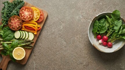 A top-down view of fresh vegetables, including tomatoes, spinach, and asparagus on a cutting board, and radishes in a bowl, arranged on a gray stone surface.