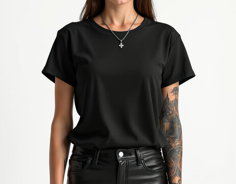 Woman wears plain black t-shirt, faux leather pants, silver necklace. Front view of female model, blank top for design mockup. Casual fashion, studio backdrop, alternative style.