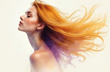 Lamas personalizadas con motivos artísticos con tu foto Woman with flowing golden hair, soft watercolor style. Her profile shows peaceful expression. Elegant artistic portrait with abstract purple and gold accents. Beautiful female face.