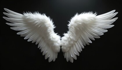 Fototapeta premium White angel wings spread open against dark background. Soft feathers detailed, fluffy texture. Symbol of heaven purity peace. Suitable for fantasy art.