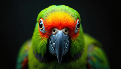 Close-up vibrant green parrot bird front view with bright orange head feathers. Intense gaze, detailed eyes, beak, and textured plumage against dark backdrop.