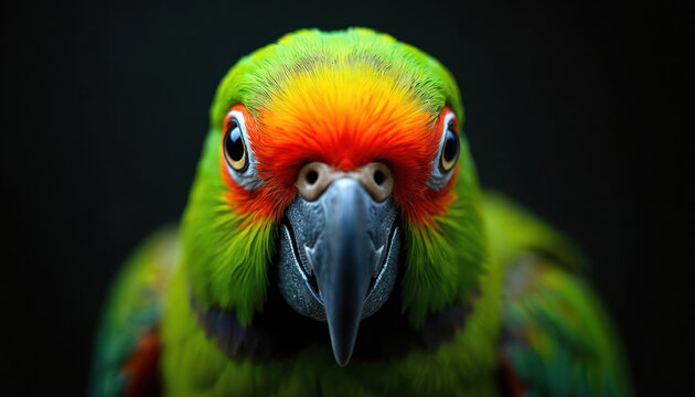Close-up vibrant green parrot bird front view with bright orange head feathers. Intense gaze, detailed eyes, beak, and textured plumage against dark backdrop.