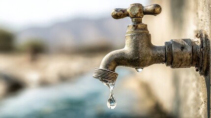 Old brass faucet with a single drop of water falling outdoors