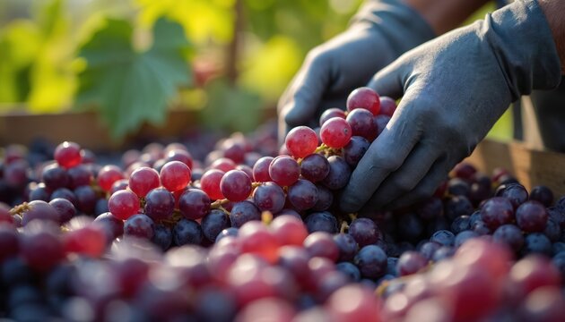 Gloved hands sort fresh red and purple grapes in wooden crate at vineyard. Harvest season for winemaking and food production. Gathering ripe fruit.