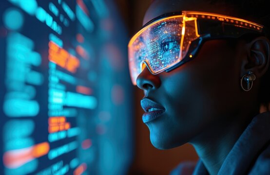 Black woman uses augmented reality glasses to interact with digital data. She studies code, virtual information on futuristic screen, representing tech innovation, education. Future data analysis.