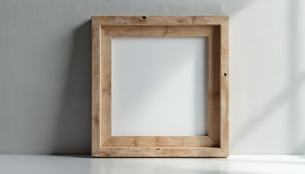 Rustic wooden square frame mockup rests on white surface against light wall. Empty space inside for art or photos. Natural texture, simple design, minimal decor.