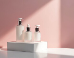 Naklejka premium Three frosted glass bottles with silver pumps, droppers displayed on white pedestal against pink background. Elegant skincare products arranged neatly for clean, sophisticated presentation, with soft