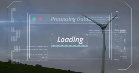Fotobehang Buffet Displaying white wind turbine rising from hillside with HUD Processing Data Loading bar, copy space  © vectorfusionart