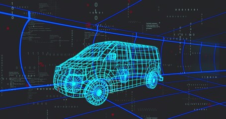 Fototapeta premium Displaying cyan wireframe cargo van model rotating on virtual grid floor, with binary code overlays