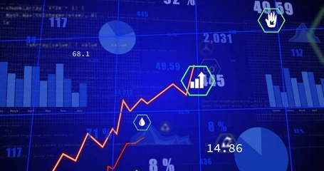 Fotobehang Buffet Displaying central rising orange line graph marking hexagon icon on data dashboard, with bar charts  © vectorfusionart