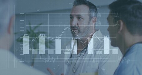 Discussing central clinician reviewing metrics in clinic coat stethoscope blue scrubs data overlay
