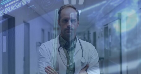 Fototapeta premium Standing male physician wearing white coat and stethoscope in clinic corridor, with digital overlay