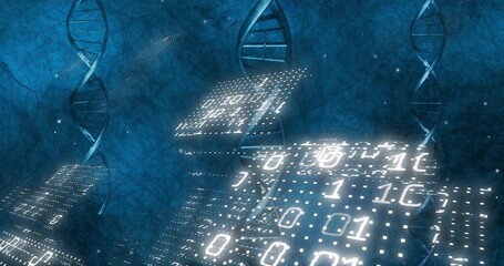 Cascading glowing binary panels at center in lab, reflecting off DNA helices and floating platforms