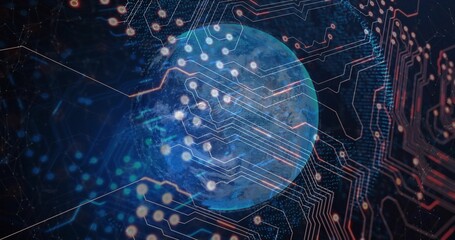 Fototapeta premium Displaying stylized Earth-like globe glowing with circuitry in cyber environment, with data nodes