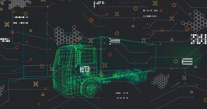 Rotating neon-green wireframe box truck hovering in 3D sim with dark grid plane, cyan orange lines