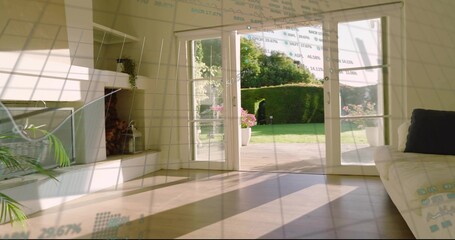 Naklejka premium Framing open glass double doors letting bright sun into living room, with patio and grid overlay