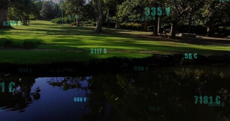 Naklejka premium Displaying reflective pond and sunlit grassy lawn at public park, featuring teal numeric overlays