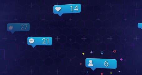 Floating cluster of blue notification bubbles with icons glowing over dark hex grid showing counts
