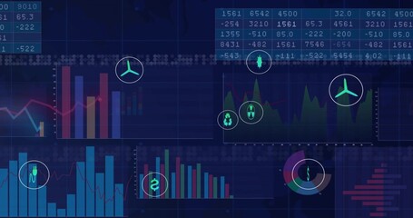 Displaying dark-blue analytics on screen showing bars, lines, donut chart, data grid, icon overlays