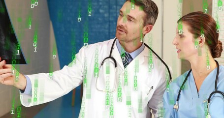 Pointing male physician in white lab coat explaining radiograph at clinic, with binary overlay