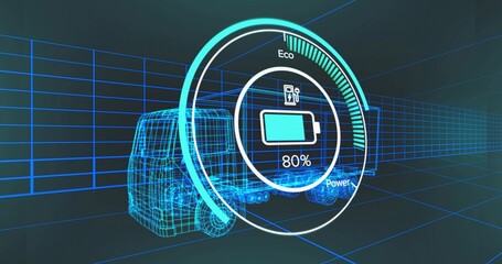 Displaying circular HUD with 80% charging battery, Eco Power gauges, wireframe truck on grid