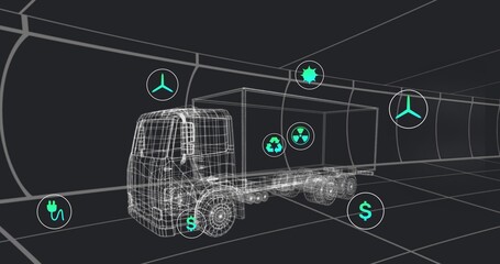 Fototapeta premium Displaying wireframe cargo truck moving through tunnel grid, with floating energy and hazard icons