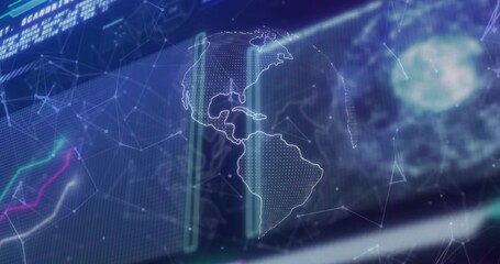Showing hologram globe of Americas rotating in virtual dashboard, with line graph and nodes