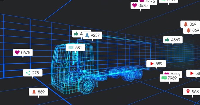 Displaying cyan wireframe truck cab frame rotating in neon grid, with icon bubbles and counts